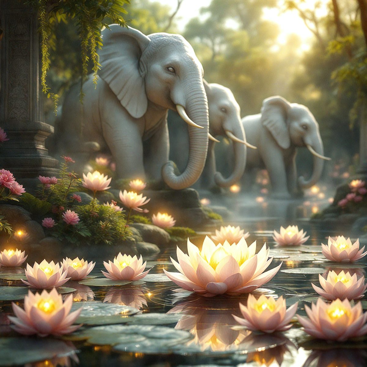 The primary subject of the image is a group of elephants standing in a body of water, surrounded by flowers. The setting is a lush, green environment with a water surface that reflects the beauty of the scene. The visual style is a combination of photo and digital art, creating a vibrant and realistic representation of the elephants and their surroundings. The colors and mood of the image are predominantly warm and serene, with the flowers and water adding a touch of tranquility to the scene.